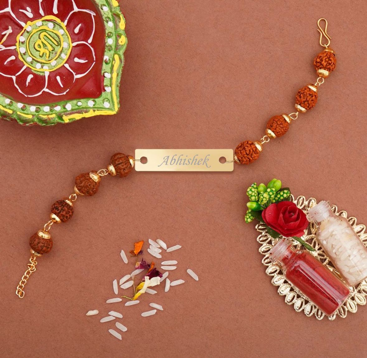 Free Delivery Premium Handcrafted Rudraksha Rakhi With Name Written On Rakhi.
