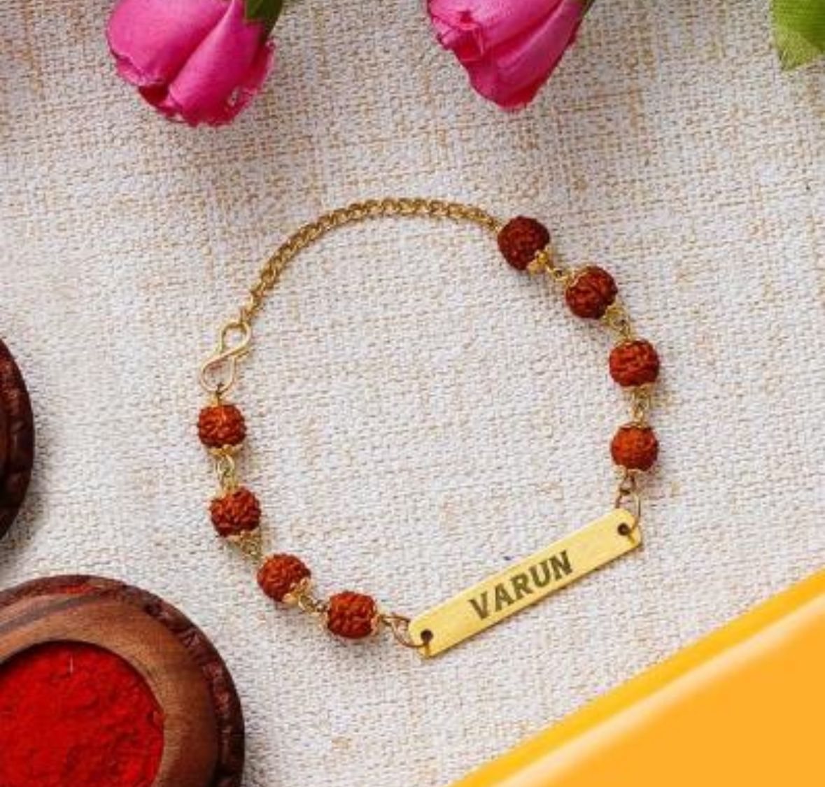 Free Delivery Premium Handcrafted Rudraksha Rakhi With Name Written On Rakhi.